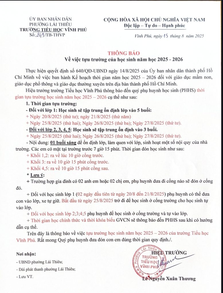 Thông báo tựu trường 25-26